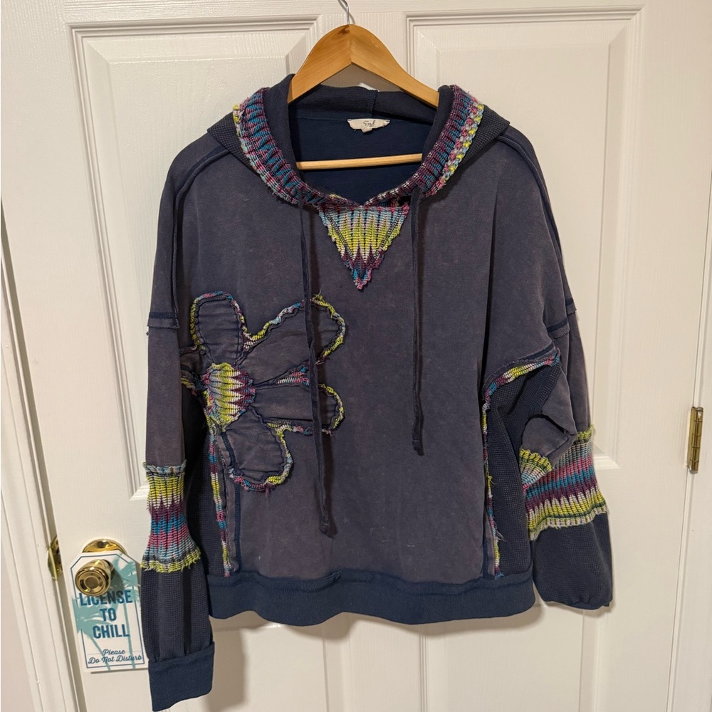 easel Navy Blue Multi-Color Knit-Trim Hooded Sweatshirt